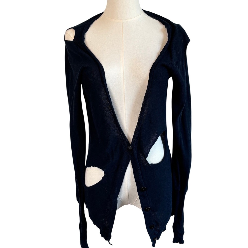 Millau Cardigan Navy Blue Womens XS Distressed Cut Out Grunge Knit Sweater‎